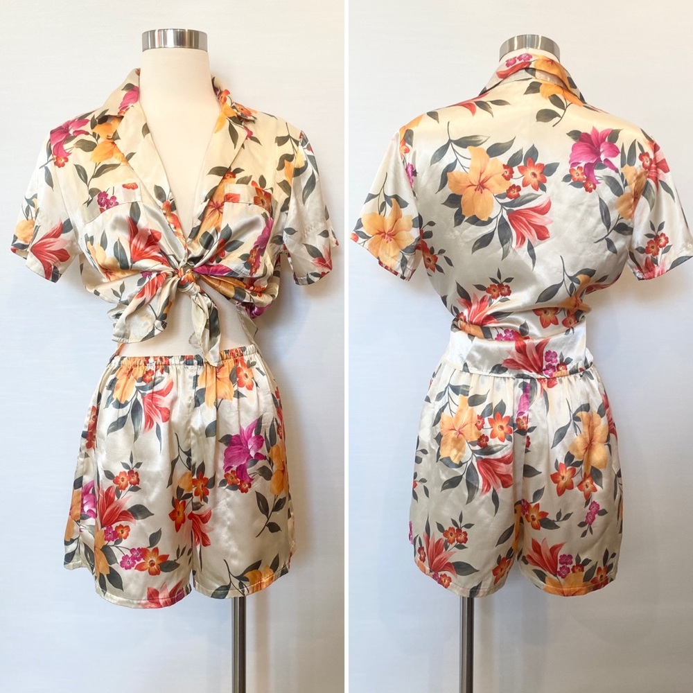 90s Victoria’s Secret Silky Satin Hawaiian Floral Print Vintage PJs Top Shorts